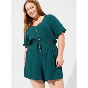 💚Torrid Rayon Slub Button Front Romper Emerald Teal Casual Short Sleeve